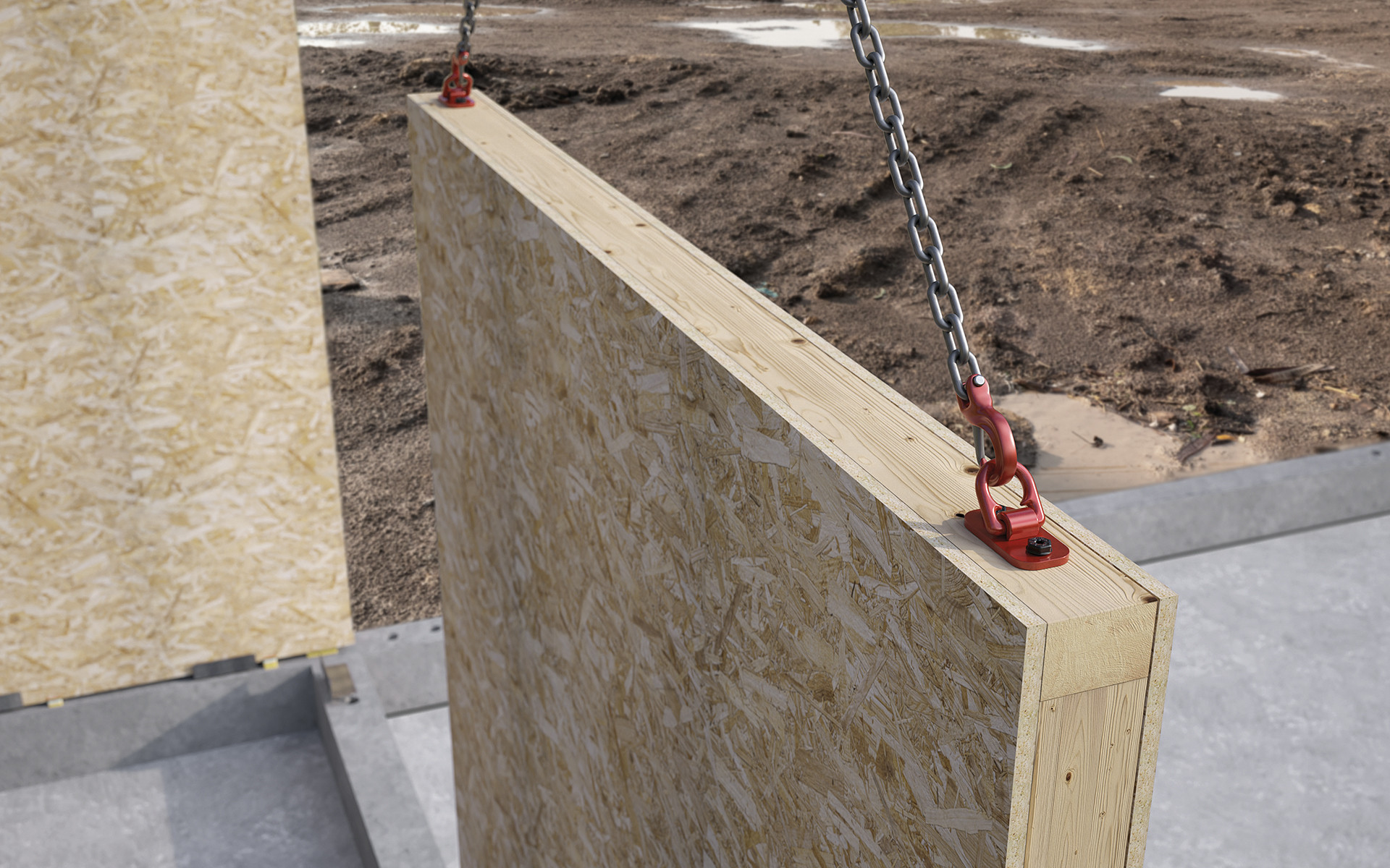 Lifting prefabricated timber wall panels on site using crane and mechanical lifting systems for wooden prefabricated buildings 