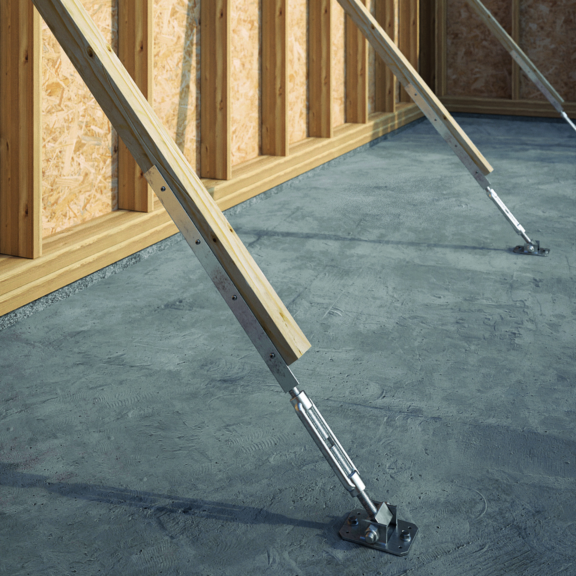 GIRAFFE LITE temporary support brace stabilizing a timber frame wall during installation)
