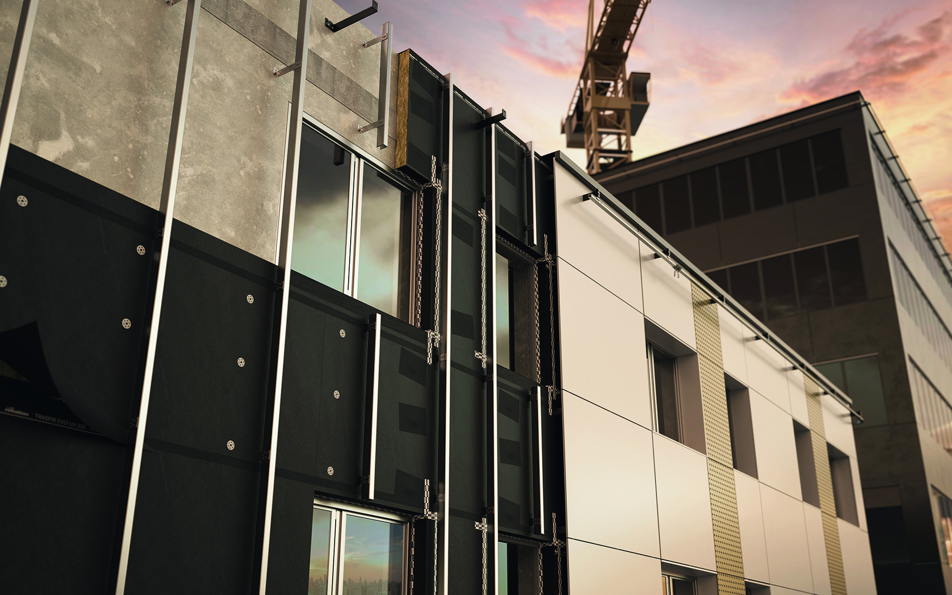 Membrana traspirante Rothoblaas per facciate ventilate con giunto aperto, installata tra sottostruttura e rivestimento esterno.