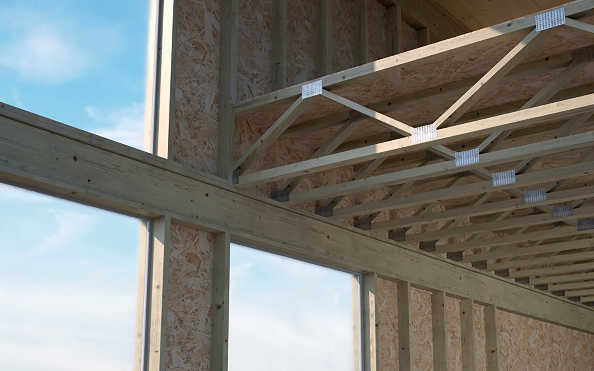 TBS FRAME screw installed in a timber frame joint with metal plate, technical render view