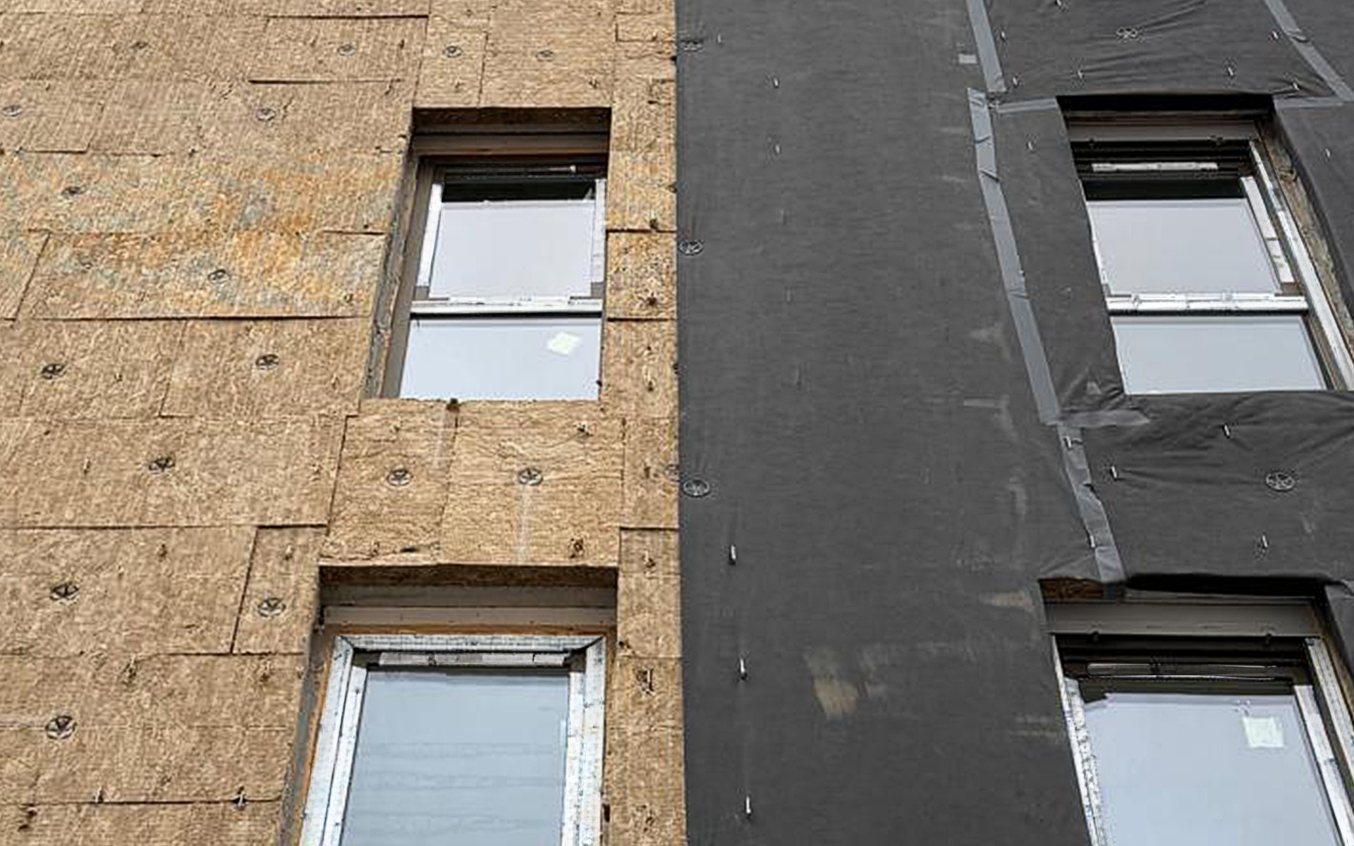Breathable membrane installed over mineral wool insulation in a ventilated façade system during construction