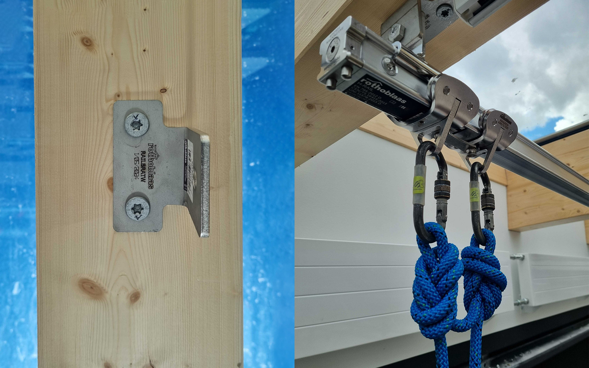Rothoblaas H-RAIL sliding runner with two locking carabiners and blue ropes attached — rope access system ready for use on a timber and glass roof structure, Denmark.